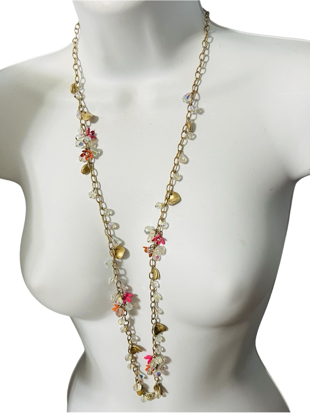 LOFT Gold Tone Floral Crystal Heart Charm Long Station Necklace 34